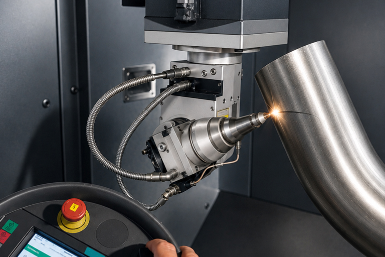 Die 5-Achsen-CNC-Laserschneidanlage schneidet eine Kontur in ein Edelstahlrohr bei der RTA GmbH und RTA Technik GmbH