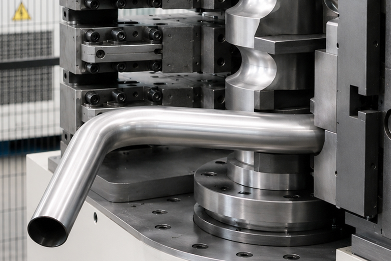 Metallbearbeitung mit der Rohrbiegemaschine der RTA GmbH St. Aegyd, und der RTA Technik GmbH Lampertheim, ein Rohr wird gerade gebogen.