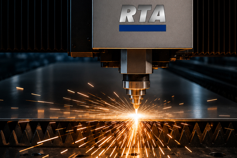 Eine 2D-Laserschneidemaschine der RTA Technik GmbH schneidet eine Kontur in ein Blech. Metallbearbeitung der RTA, ehemals Rothtechnik Austria