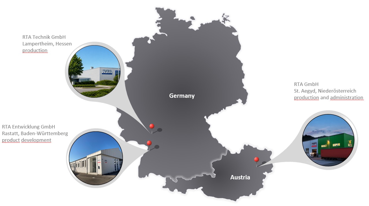 die Grafik zeigt die Standorte der Firma RTA GmbH, RTA Entwicklung und RTA Technik in St. Aegyd, Lampertheim und Rastatt.